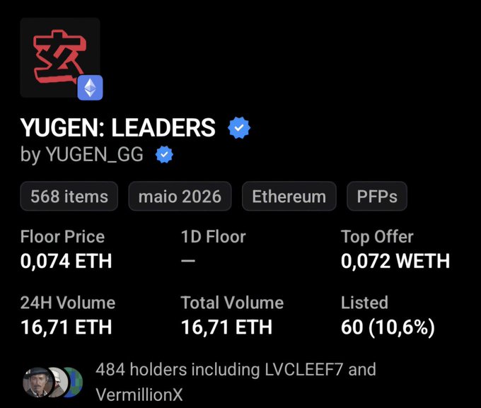 The image features a post about a person named Yugen who is considered a leader within a community of cryptocurrency enthusiasts known as "yugen" or "ygens". They are analyzing market data, which indicates that they have made some sales above 0.09-0.1 ETH (Mint: $35 → $160AH). The image also contains a photo and descriptions for the post, showing Yugen's followers contributing to the discussion and analysis of the cryptocurrency markets.