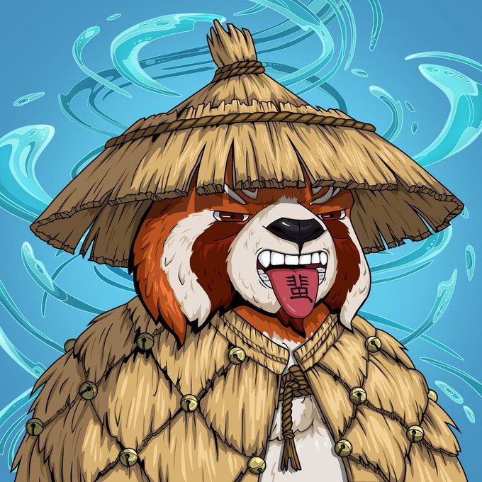 Illustration of an angry red panda wearing a traditional straw hat and cloak, with its tongue sticking out and displaying Chinese characters on it, set against a blue background with swirling fish designs.