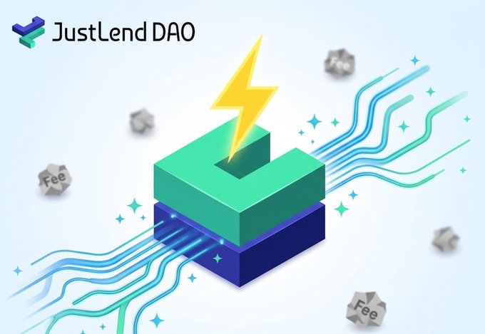 The image is a promotional graphic for JustLend DAO featuring a stylized green and blue "J" logo with a lightning bolt, surrounded by flowing light trails and floating cubes labeled "Fee." It visually represents the platform's role in the TRON DeFi ecosystem, aligning with the post's message about transparency and trust—symbolizing how JustLend DAO channels energy and efficiency while making fee structures clear and accessible to the community.