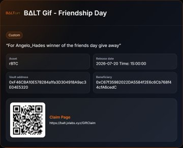 A BALT Gif - Friendship Day cryptocurrency giveaway page showing details for winner 'Angelo_Hades' with a BTC vault address and release date of 2026-07-20.