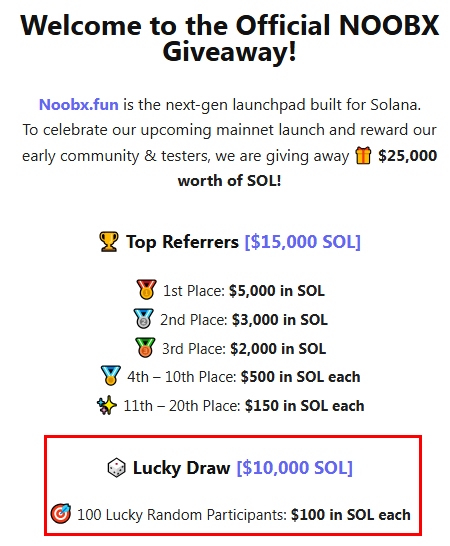 A promotional graphic for the 'NOOBX Giveaway' on Noobx.fun, a next-gen launchpad for Solana, offering $25,000 worth of SOL split between Top Referrers ($15,000 SOL, with 1st place getting $5,000) and a Lucky Draw ($10,000 SOL for 100 random participants).