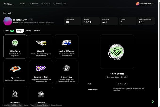 An AXIS Robotics portfolio dashboard for user robot8754744 showing 111 trajectories, 98.2% verified, an Axis Score of 47.7, and various badges including 'Hello, World' and 'Nailed It'.