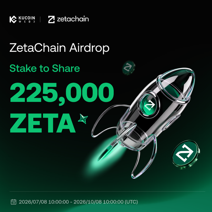 Promotional graphic for a ZetaChain airdrop on KuCoin Web3 Wallet, featuring a metallic rocket with ZetaChain coin accents and green text highlighting a "Stake to Share" prize pool of 225,000 ZETA tokens, running from 2026/07/08 10:00 to 2026/10/08 10:00 (UTC).