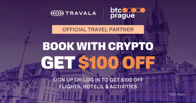 !!! THE HEADING @BTCPrague!!! is now live!!! Below it, there's a link that says "Travala? The official event app is now live! Download it today to visit the Travala virtual booth and connect with us!". The text in front of the image states "Book with Crypt. Get $100 off!".