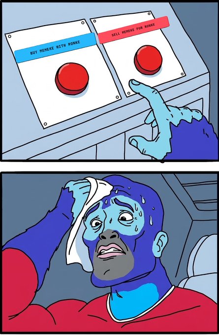 Two-panel meme illustration: the top panel shows a finger hovering between red buttons labeled 'BUY MEMEPE WITH RONKE' and 'SELL MEMEPE FOR RONKE,' and the bottom panel shows a stressed blue character wiping sweat from their brow.