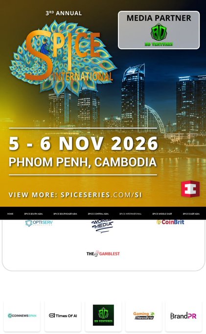 The image is a promotional banner for the 3rd Annual SPiCE International event, taking place on 5-6 November 2026 in Phnom Penh, Cambodia, with BD Ventures highlighted as an official Media Partner alongside other sponsors like OptiServ, CoinBrit, and Casino Newswire. The design features a vibrant peacock logo and a cityscape backdrop, directly tying into the post's announcement of BD Ventures' partnership role at the gaming industry conference.