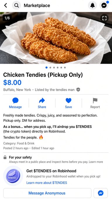 A Facebook Marketplace listing for 'Chicken Tendies (Pickup Only)' for $8.00 in Buffalo, New York, offering an airdrop of the $TENDIES crypto token on Robinhood.