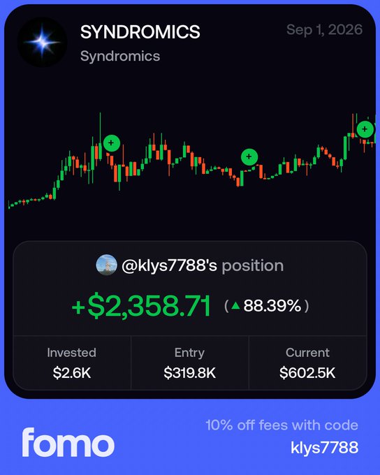 A fomo app screenshot shows a trading position for @klys788 with SYNDROMICS token, displaying +$2,358.71 (88.39%) gain, entry at $319.8K and current value of $602.5K.