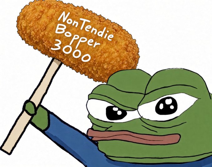 A drawing of the Pepe the Frog meme character holding a stick with a breaded object that has the text 'NonTendie Bopper 3000' written on it.