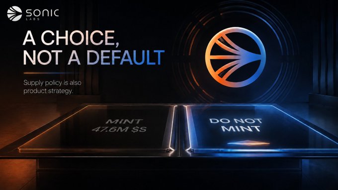 A Sonic Labs graphic titled "A CHOICE, NOT A DEFAULT" with the subtitle "Supply policy is also product strategy" displays two glowing tablets side by side—one reading "MINT 47.6M $S" in orange and the other "DO NOT MINT" in blue—visually echoing the post's point that choosing not to mint 47.625,000 $S tokens this year is a deliberate strategic decision to reduce dilution.