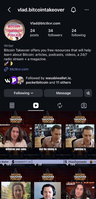 The image shows the Instagram profile of "vlad.bitcointakeover" (Vlad @btctkvr.com), a Bitcoin-focused account with 24 posts, 34 followers, and 24 following, featuring a grid of podcast clips from the "Bitcoin Takeover Podcast." The caption humorously suggests following the account for "deniability" while doomscrolling, tying into the Bitcoin-centric content shown.