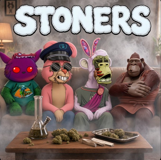 Four cartoon plush figures—including a purple monster in a Bored Ape t-shirt, a pink bear in a captain's hat and shades, a zombie bunny, and a gorilla—sit on a couch under a smoky haze with the word "STONERS" displayed in large bubble letters above them, while a coffee table in front holds a bong, rolling papers, and cannabis buds, fitting the post's "Saturday is for the STONERS" caption tagging the featured NFT collections.