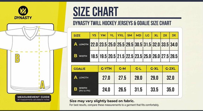 A 'DYNASTY' brand size chart for twill hockey jerseys and goalies, showing measurements in inches across sizes YS to 3X with length and width specifications.
