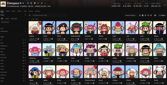 A Chimpers NFT collection page on a marketplace showing 3,145 listed items with floor price at 0.8674 ETH, displaying various chimp character NFTs with traits like background and fur categories.