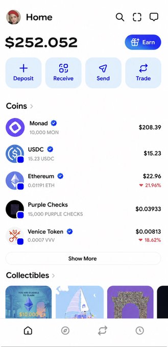 A cryptocurrency wallet app home screen showing a balance of $252.05, with action buttons for Deposit, Receive, Send, and Trade, and a Coins list featuring Monad ($208.39), USDC ($15.23), Ethereum ($22.96, down 21.96%), Purple Checks, and Venice Token (down 18.62%).