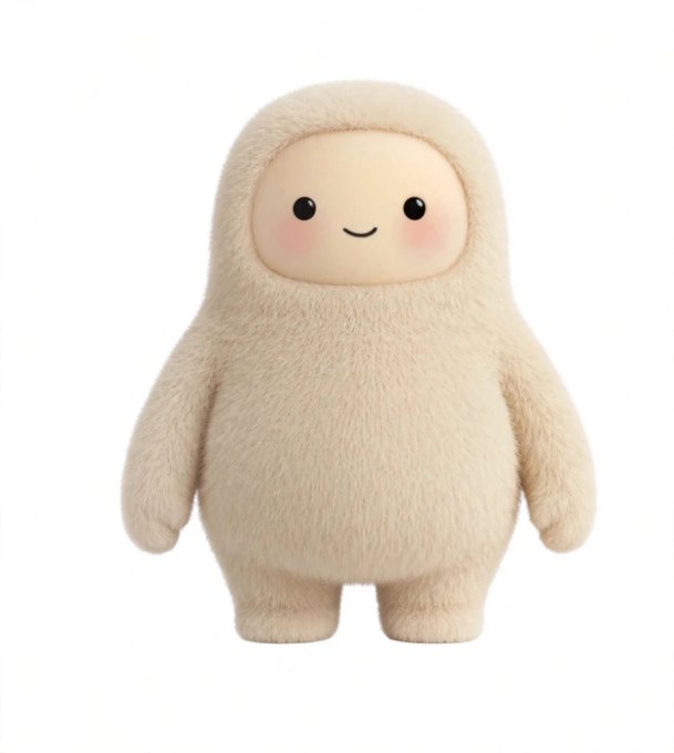 A small plush character with a cream-colored fuzzy body and a smiling face stands against a white background.