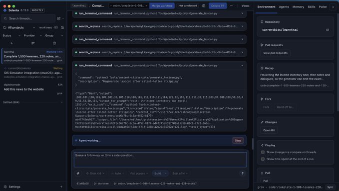 A code editor interface (likely Cursor IDE) showing a working agent session for the "sarathi" project by currentbits, executing a python3 command for Toolsetcli generate_lesson.py, with sidebar showing repository info and pull requests.
