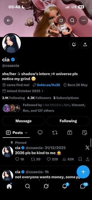 A Twitter/X profile page for user 'cia' (@csaecia) with 4.3K followers, displaying the bio 'she/her ✧ shadow's intern ✧ universe pls notice my grind' along with pinned posts.