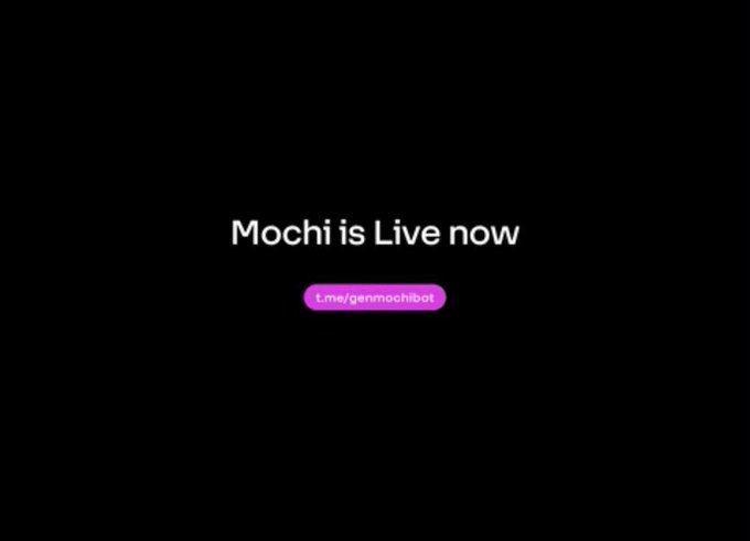 Black screen with white text reading 'Mochi is Live now' and a purple button showing 't.me/genmochibot'.