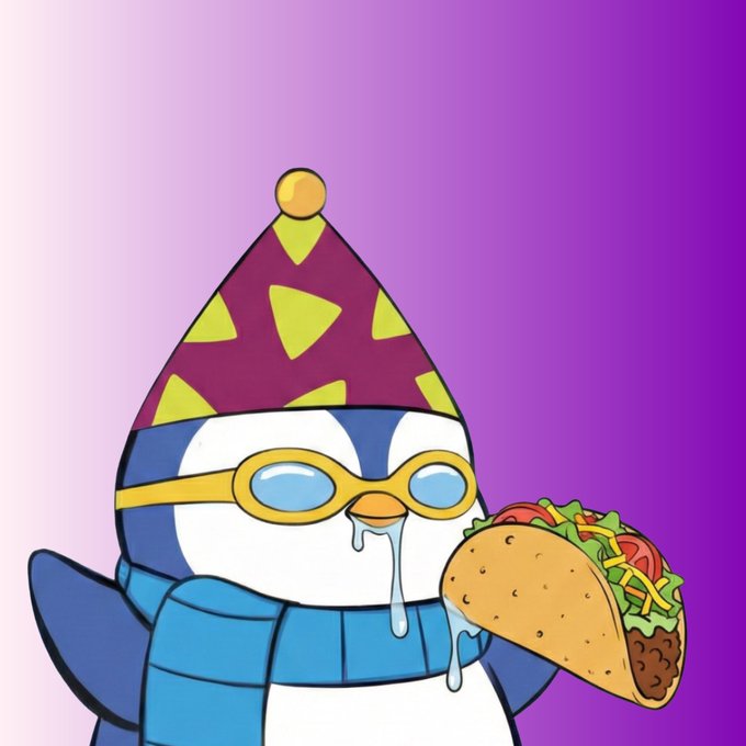 A cartoon penguin wearing a purple and yellow party hat, blue goggles, and a blue scarf, holding a large taco against a purple gradient background.