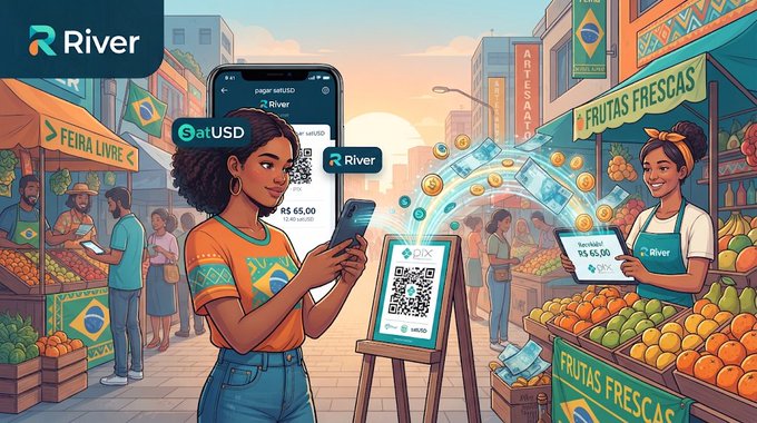 A woman uses the River app to pay a "R$ 65,00" PIX QR code at a Brazilian fruit stand ("Frutas Frescas") with satUSD, while cash and a seller with a "R$ 65,00" tablet appear nearby, illustrating how stablecoins like satUSD can be used for everyday Brazilian PIX payments rather than just trading.