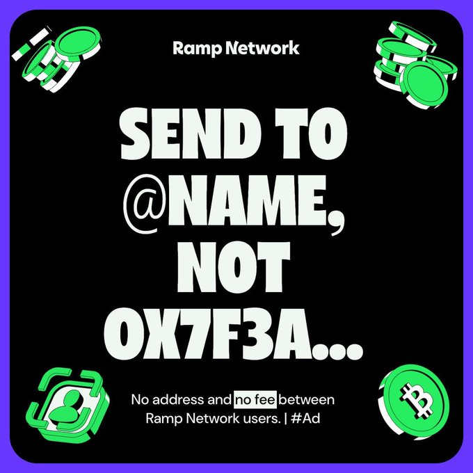 The image is a Ramp Network advertisement with a black background, featuring green 3D icons of coins and a user profile in the corners. The bold text reads "SEND TO @NAME, NOT 0X7F3A..." with a tagline below stating "No address and no fee between Ramp Network users. | #Ad."

The image directly supports the post's message by visually contrasting the simplicity of sending crypto via a username (like "@name") against the complexity of a typical wallet address (shown as a randomly generated alphanumeric string like "0X7F3A"), reinforcing Ramp Network's value proposition of making crypto transfers easier, borderless, and fee-free between users.