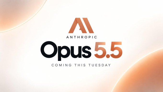 A promotional graphic with the 'ANTHROPIC' logo and stylized 'A' mark, announcing 'Opus 5.5' and the text 'COMING THIS TUESDAY' against a soft peach and white background.