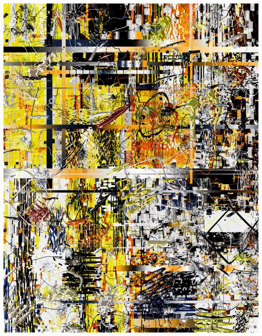 An abstract mixed-media artwork featuring dense layers of yellow, orange, black, and white paint splatters, scribbles, and grid-like patterns.