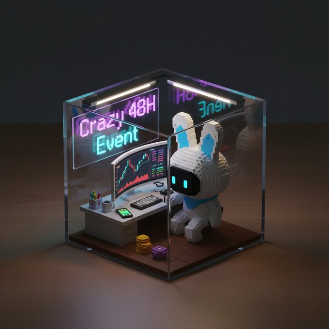 A pixel-art rabbit in a glowing glass cube trades on a computer displaying a candlestick chart beneath neon "Crazy 48H Event" signage, with stacks of gold coins on the desk visually representing the 25,000 USDT prize pool from Bitget's limited LMWR/USDT trading campaign.