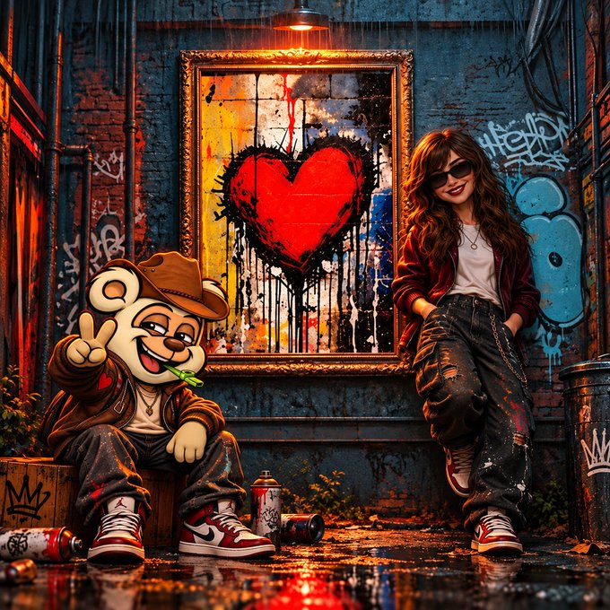 A street art scene features a person in a bear mascot costume making a peace sign next to a woman in sunglasses, both posing in front of a graffiti-covered wall displaying a large framed painting of a red heart with dripping paint.
