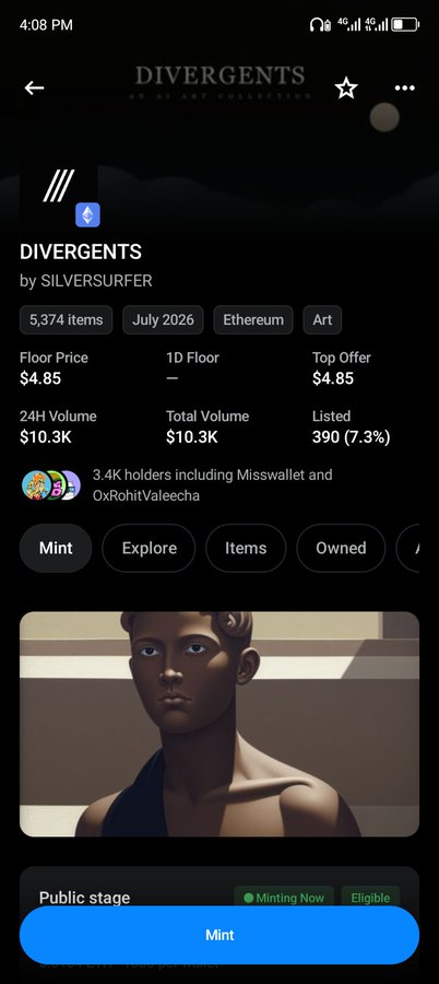 A mobile screenshot of an NFT collection called 'DIVERGENTS by SILVERSURFER' showing a floor price of $4.85, 5,374 items, and 3.4K holders including Misswallet and 0xRohitValeecha.