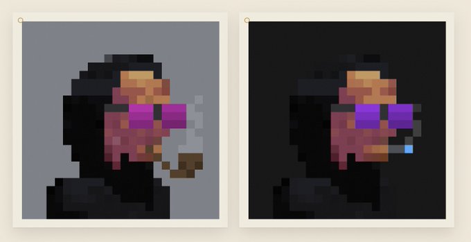 Two side-by-side pixel art portraits show the same hooded figure wearing purple sunglasses and smoking, with the left version on a gray background and the right version on a black background, representing an Argos NFT from a cryptoPunks-style collection on OpenSea.