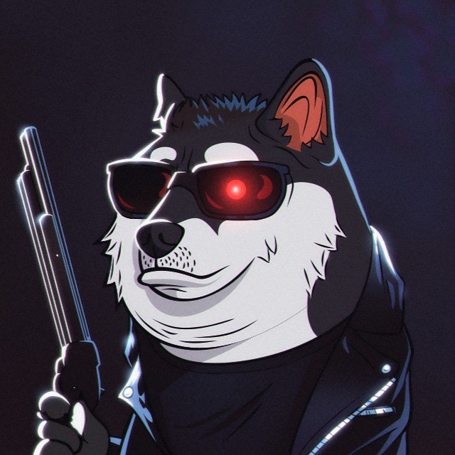 A stylized cartoon illustration of a husky wearing red-lensed sunglasses and a black leather jacket, holding a gun.