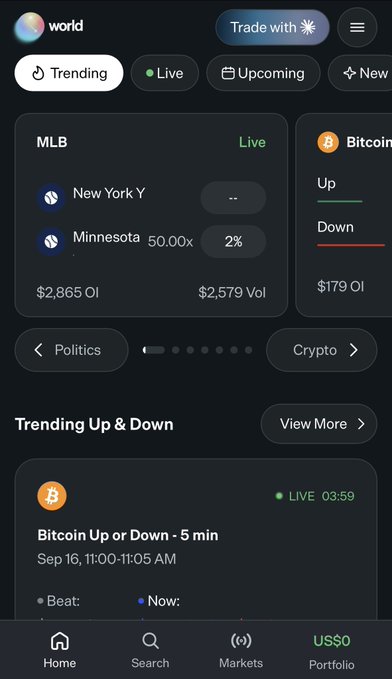 A mobile app interface displays a prediction market dashboard with categories like 'Trending', 'Upcoming', and 'New', showing live MLB and Bitcoin trading data including 'New York Y', 'Minnesota', and 'Bitcoin Up or Down - 5 min'.