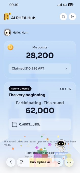 A mobile screenshot of the ALPHEA Hub app showing '28,200 My points,' 'Claimed 210.926 APT,' and a 'Round Closing' section for 'The very beginning' with 62,000 participating points.