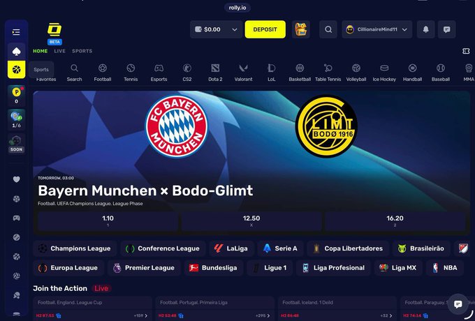 A screenshot of the sports betting platform roll.io displaying an upcoming UEFA Champions League football match between Bayern München and Bodo-Glimt with betting odds of 1.10, 12.50, and 16.20.
