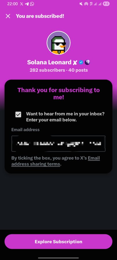 A subscription confirmation screen on X shows that the user has successfully subscribed to "Solana Leonard," a verified account with 282 subscribers and 40 posts, prompting for an email address. The accompanying post "GN legend let's cook." suggests an enthusiastic, community-driven tone, aligning with the positive engagement shown in the subscription success.