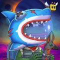 An app icon featuring a cartoon blue shark with a wide open mouth showing sharp teeth, set against a cosmic background with a small gold crown icon in the top right.
