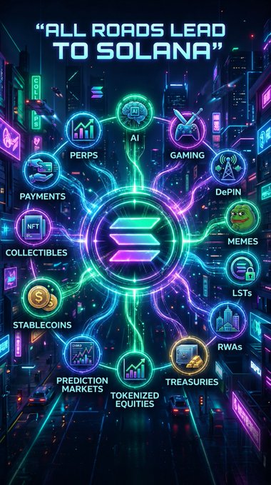 The image features a vibrant, neon-colored poster for "All Roads Lead To Solana". The poster displays various icons related to cryptocurrency and blockchain technology, such as tokens, equities, stablecoins, gaming, perps, memes, depin, RWAs, LSTs, AI, and more. These icons are arranged in a circular pattern around the central logo of "All Roads Lead To Solana". The poster also includes text that provides information about these concepts and their applications within the cryptocurrency world.