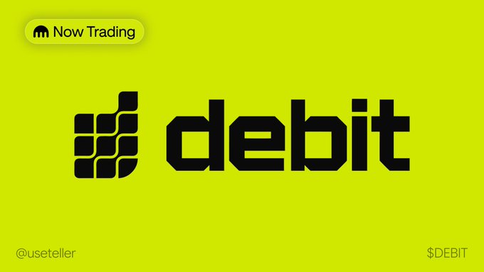 A bold yellow promotional graphic announces that $DEBIT (by @useteller) is "Now Trading," featuring a black pixelated icon alongside the stylized "debit" logo, matching the announcement that the Debit AI agent is now live and tradable on Kraken.