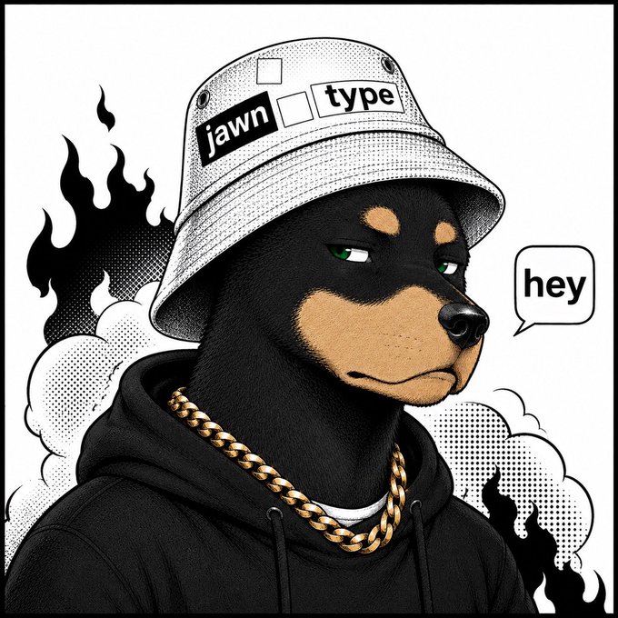An illustrated cartoon of a black bear wearing a white bucket hat labeled 'jawn □ type', a gold chain, and a black hoodie, with a speech bubble saying 'hey'.