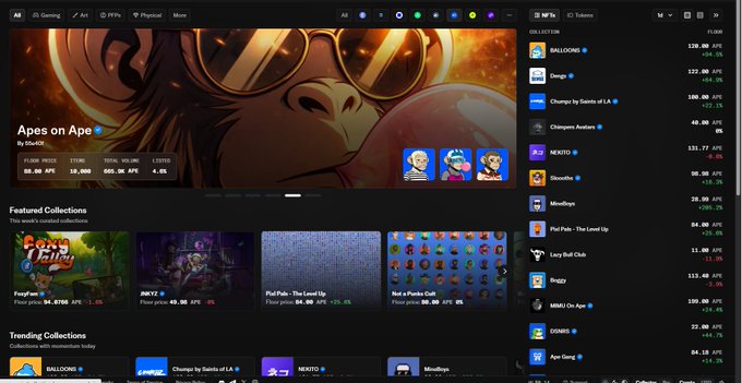 A screenshot of the OpenSea NFT marketplace homepage featuring the "Apes on Ape" collection by YugaGG prominently displayed, showing a floor price of 86.00 ETH, alongside other featured collections like BALLLOONS and Chimpers by Yuga of LA, with a trending collections list on the right side.