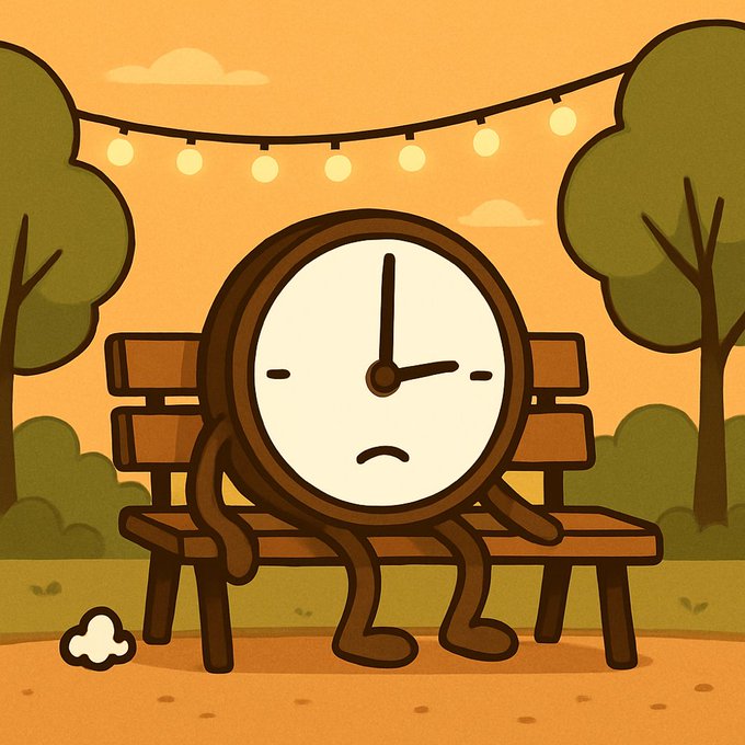 An illustration of a sad-faced clock character sitting on a wooden park bench at sunset, with string lights and trees in the background.