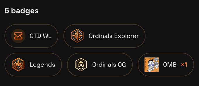 A digital interface displays '5 badges' including GTD WL, Ordinals Explorer, Legends, Ordinals OG, and OMB x1 on a dark background.