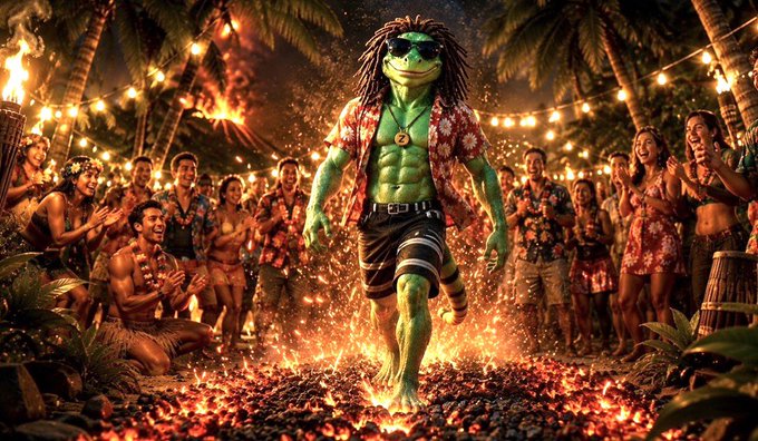 A surreal digital artwork depicting a muscular, green frog-like humanoid with dreadlocks walking through embers at a tropical luva party surrounded by cheering people.
