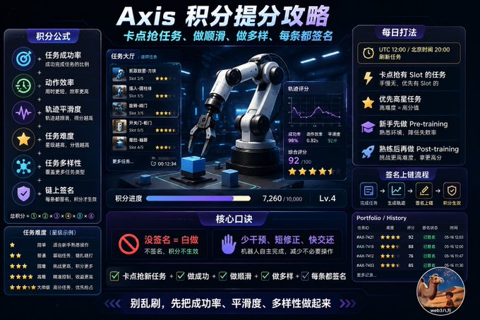 An infographic titled "Axis 积分提分攻略" featuring a robotic arm and instructions in Chinese about a point-collecting task system.