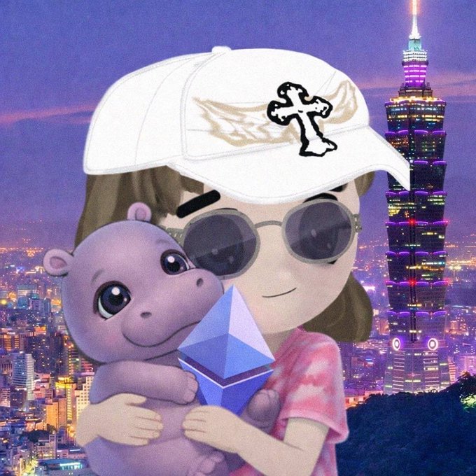 A cartoon character with angel wings on a cap, round sunglasses, and a pink tie-dye shirt hugs a purple hippo plush holding an Ethereum logo, set against a vibrant Taipei skyline featuring the lit-up Taipei 101 tower—reflecting the Milady NFT meme aesthetic.