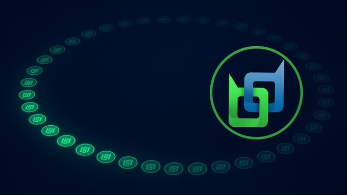 A digital graphic features a green and blue interlocking logo encircled in green, set against a dark blue background with an oval ring of glowing teal 'LST' tokens.