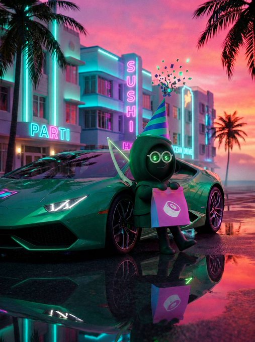 A small green-hooded character wearing a party hat and glasses sits on a shiny green Lamborghini in front of neon-lit buildings reading "SUSHI" and "PARTI," holding a pink shopping bag that ties into the post's celebration of "meme szn on Robinhood Chain."