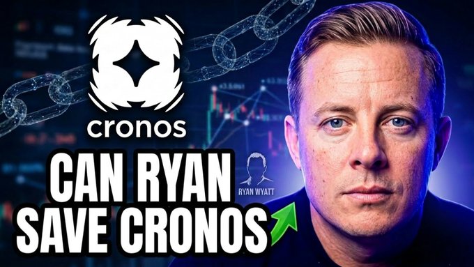 The image is a YouTube thumbnail featuring a man alongside the Cronos ($CRO) logo and chain graphics, with bold text reading "CAN RYAN SAVE CRONOS" and a green upward arrow. It visually promotes a video about the future of Cronos ($CRO), aligning with the post's bullish outlook on the project despite acknowledging mixed market signals.